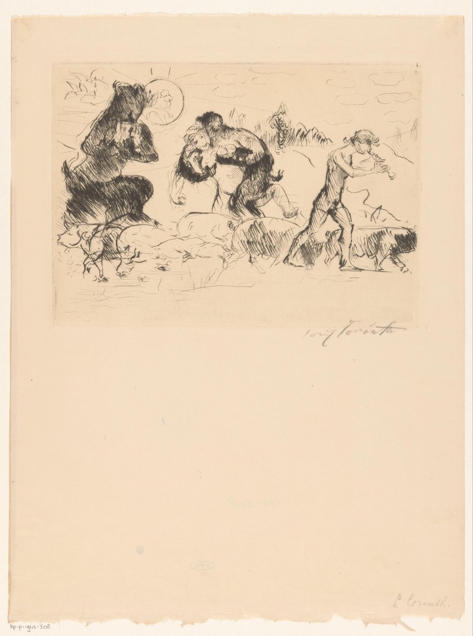 Satyrové, nymfa, faun a hejno prasat od Lovis Corinth (signed by artist)