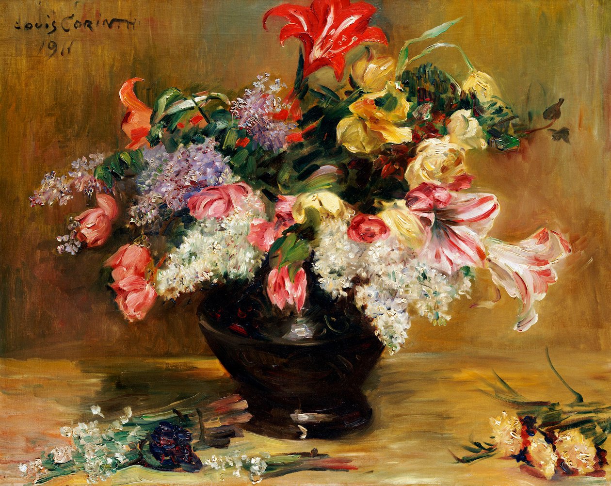 Amaryllis, šeřík a tulipány, 1911 od Lovis Corinth