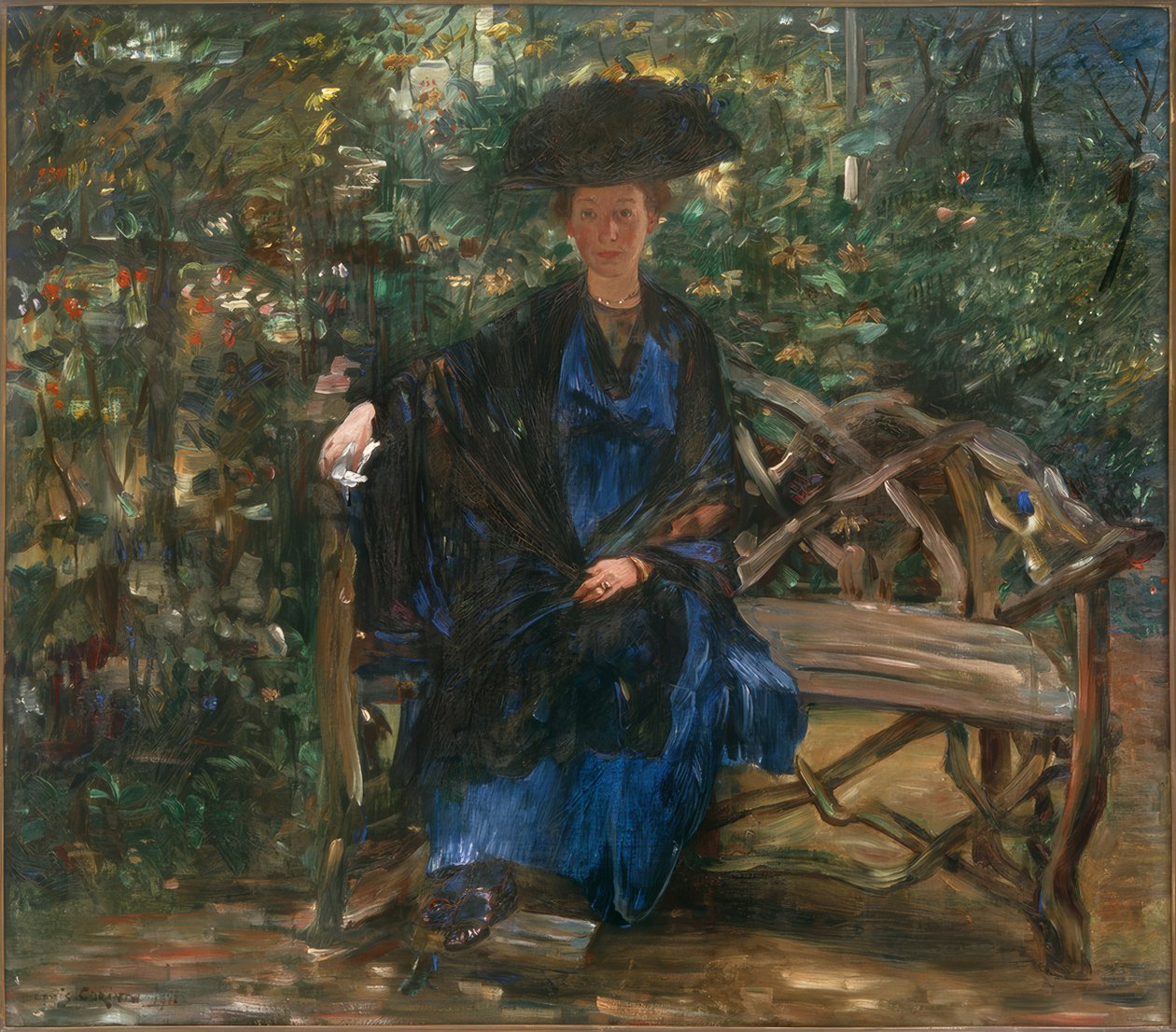 Else Kaumann na zahradní lavičce od Lovis Corinth