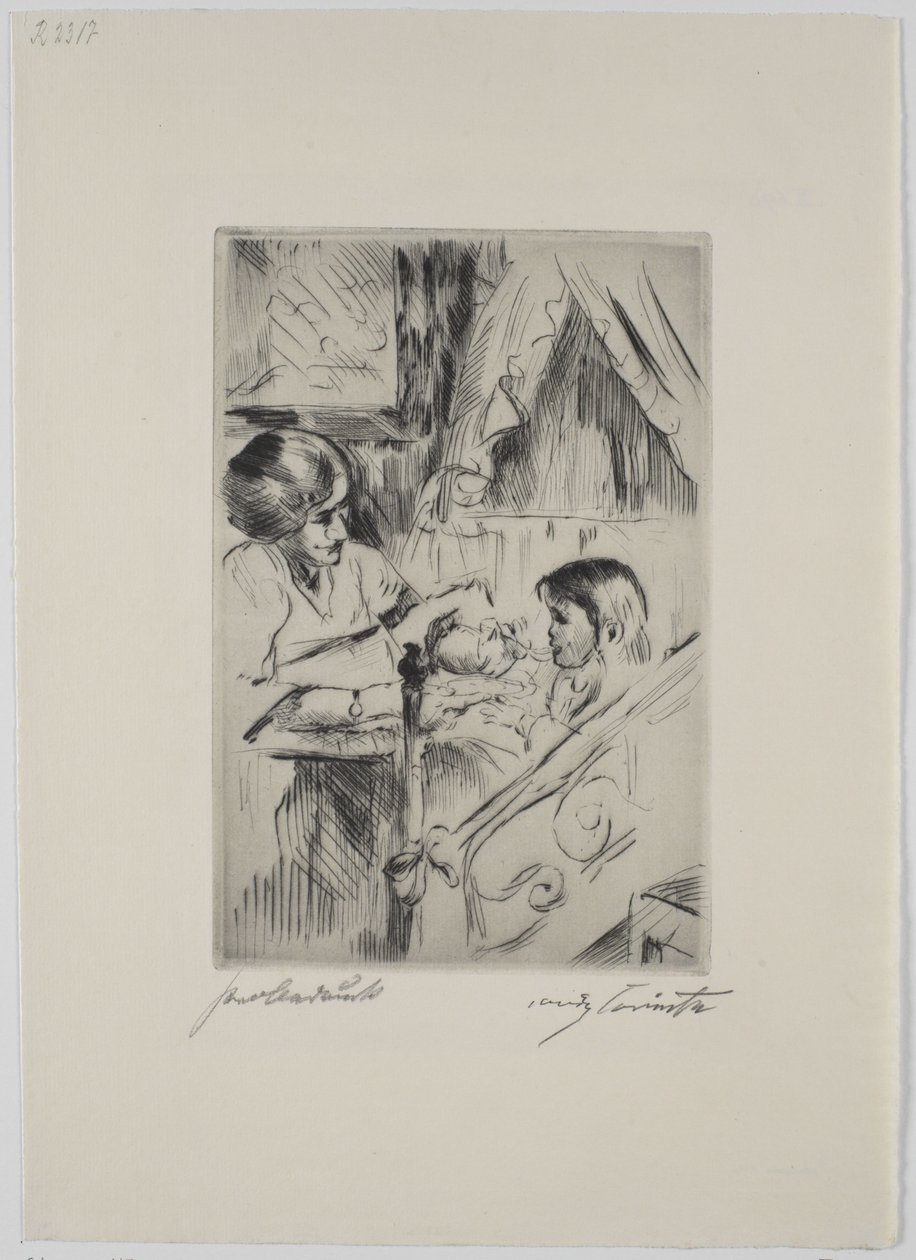 Dítě v posteli a matka od Lovis Corinth
