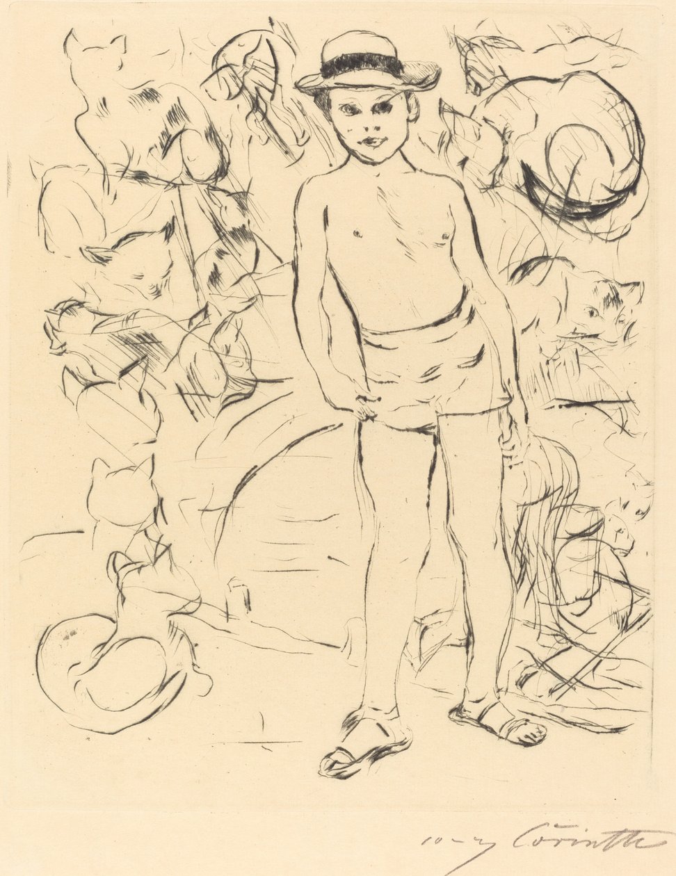 Chlapec na sobě plavky a slaměný klobouk od Lovis Corinth