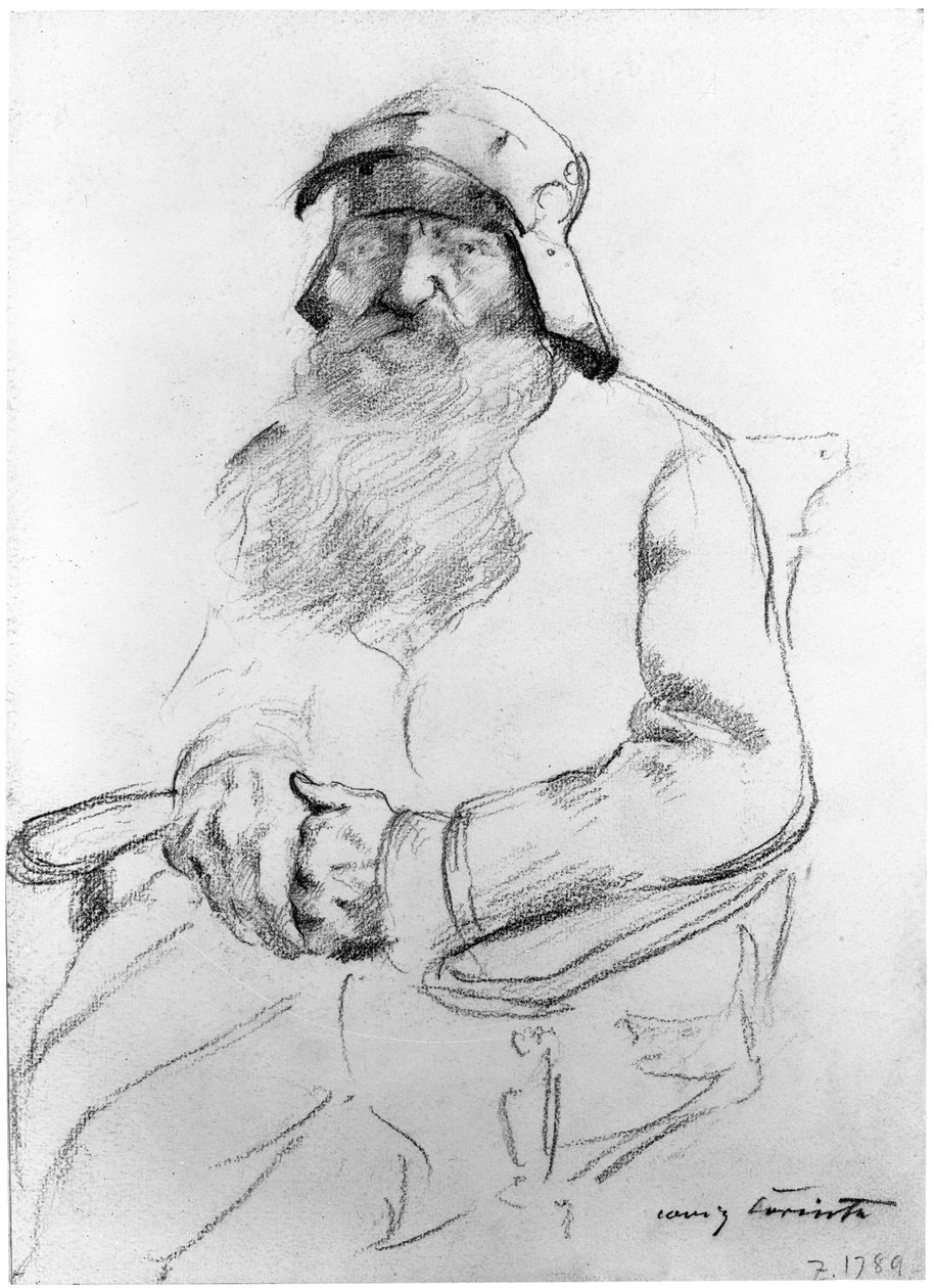 Sedící vousatý stařec s přilbou z 16. století, zepředu (studie ke Götzovi von Berlichingen) od Lovis Corinth