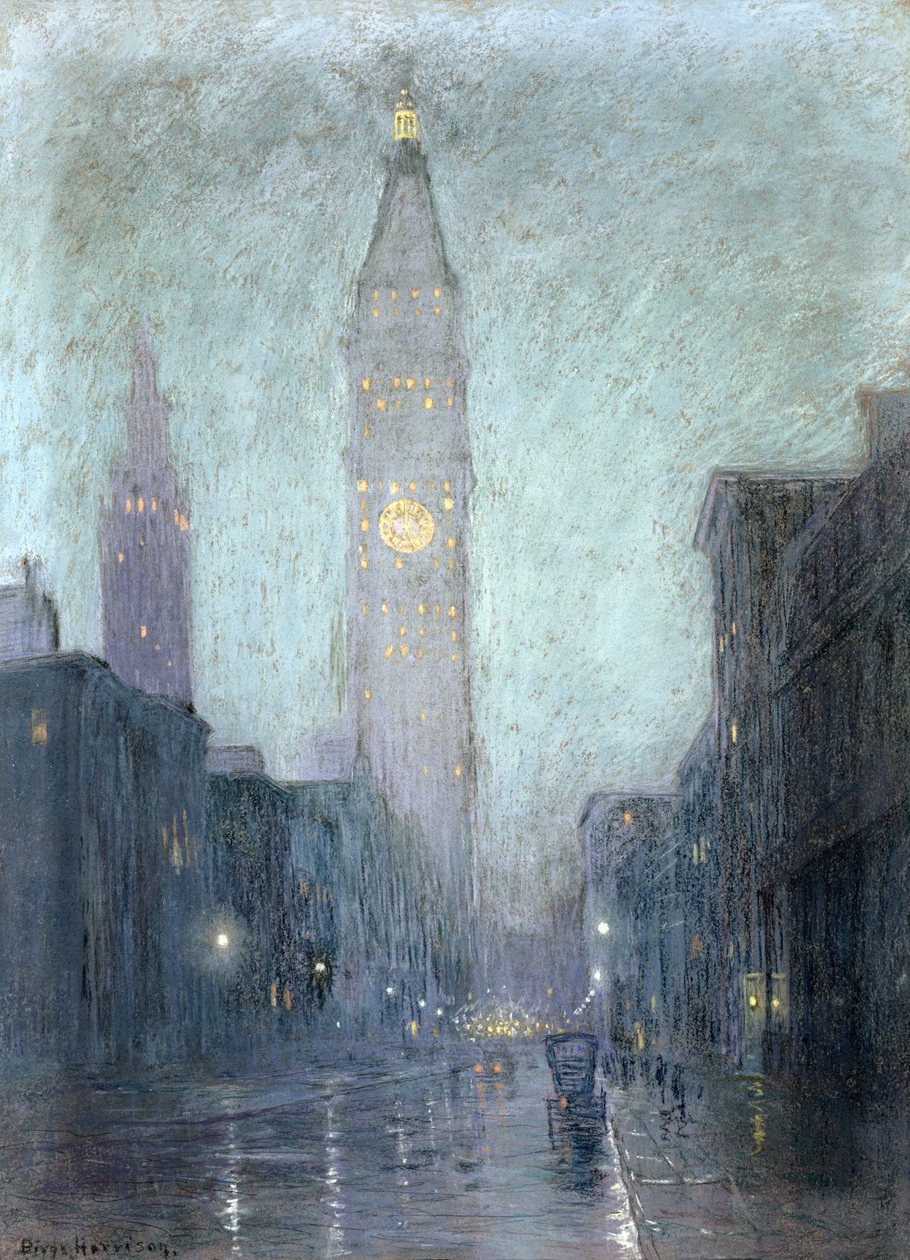 Madison Avenue at Twilight (pastel na hnědém papíře) od Lowell Birge Harrison