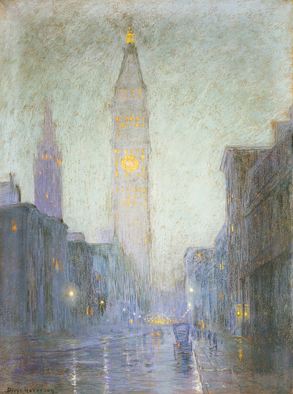 Madison Avenue at Twilight, kolem roku 1911 (pastel na hnědém papíře) od Lowell Birge Harrison