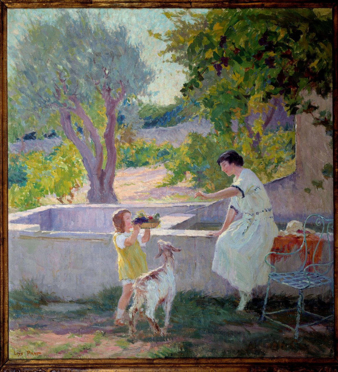 Madame Prat a její dcera v zahradě s kozičkou Malba Josepha Loyse Prata (1879-1934), 20. století. Starosta Donzere. od Loys Prat