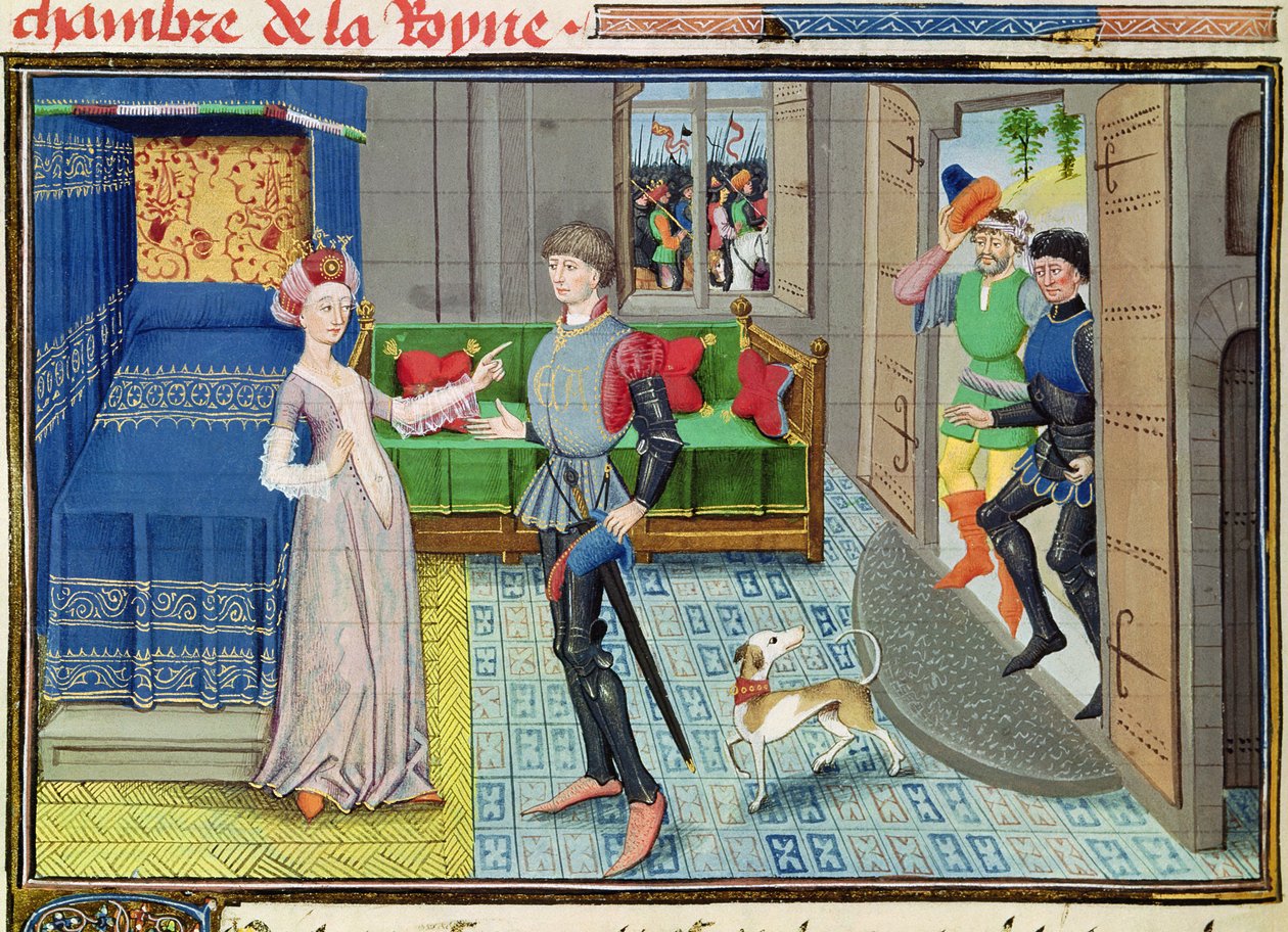 Ms 5072 fol.130v Maugis z Aigremontu a Isanne v ložnici královny, z cyklu Renaud de Montauban od Loyset Liedet