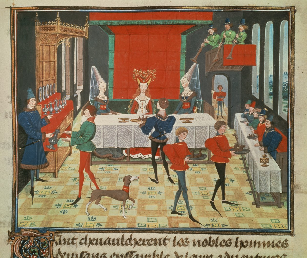 Ms 5073 f.140v Stolní služba paní kvality, z cyklu Renaud de Montauban od Loyset Liedet