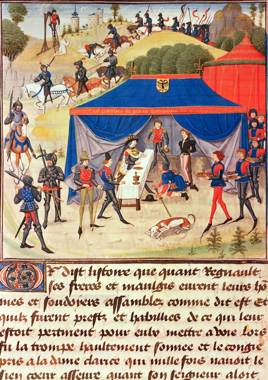 Ms 5073 fol. 253v Renaud de Montauban a Charlemagne (742-814), z cyklu Renaud de Montauban od Loyset Liedet