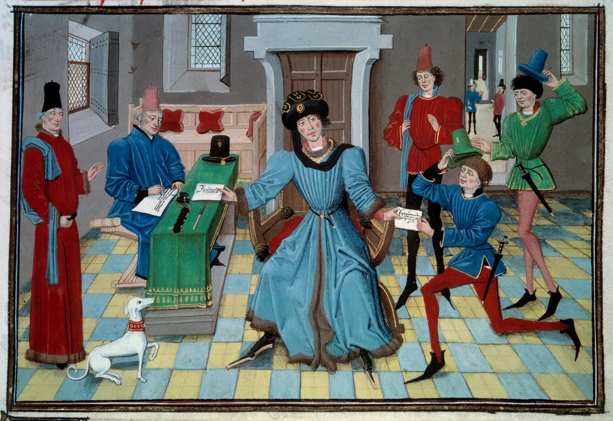 Příchod miniaturního posla z rukopisu „Renaud de Montauban“ nebo „Les quatre fils Aymon“ od Loyseta Liedeta (aktivního mezi lety 1448 a 1478). Paní 5073. Bibliotheque de l