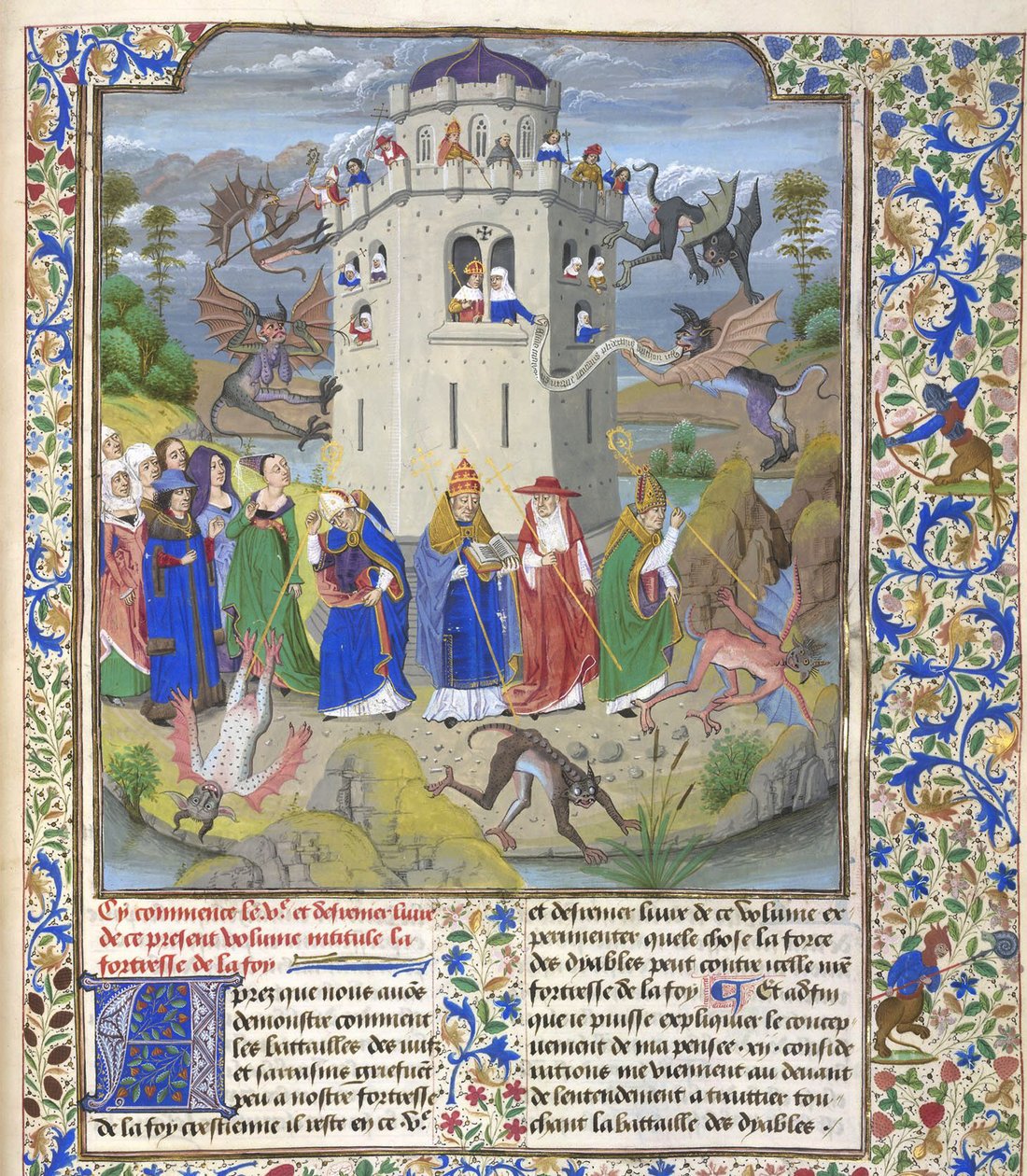 Pevnost víry Miniatura svatých Řehoře, Augustina, Jeronýma a Ambrože bojujících s démony, konec 15. stol. od Loyset Liedet