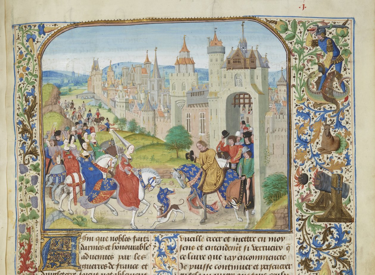 Isabelu Francouzskou přivítal její bratr Karel IV. v Paříži, cca 1470-1475. od Loyset Liedet