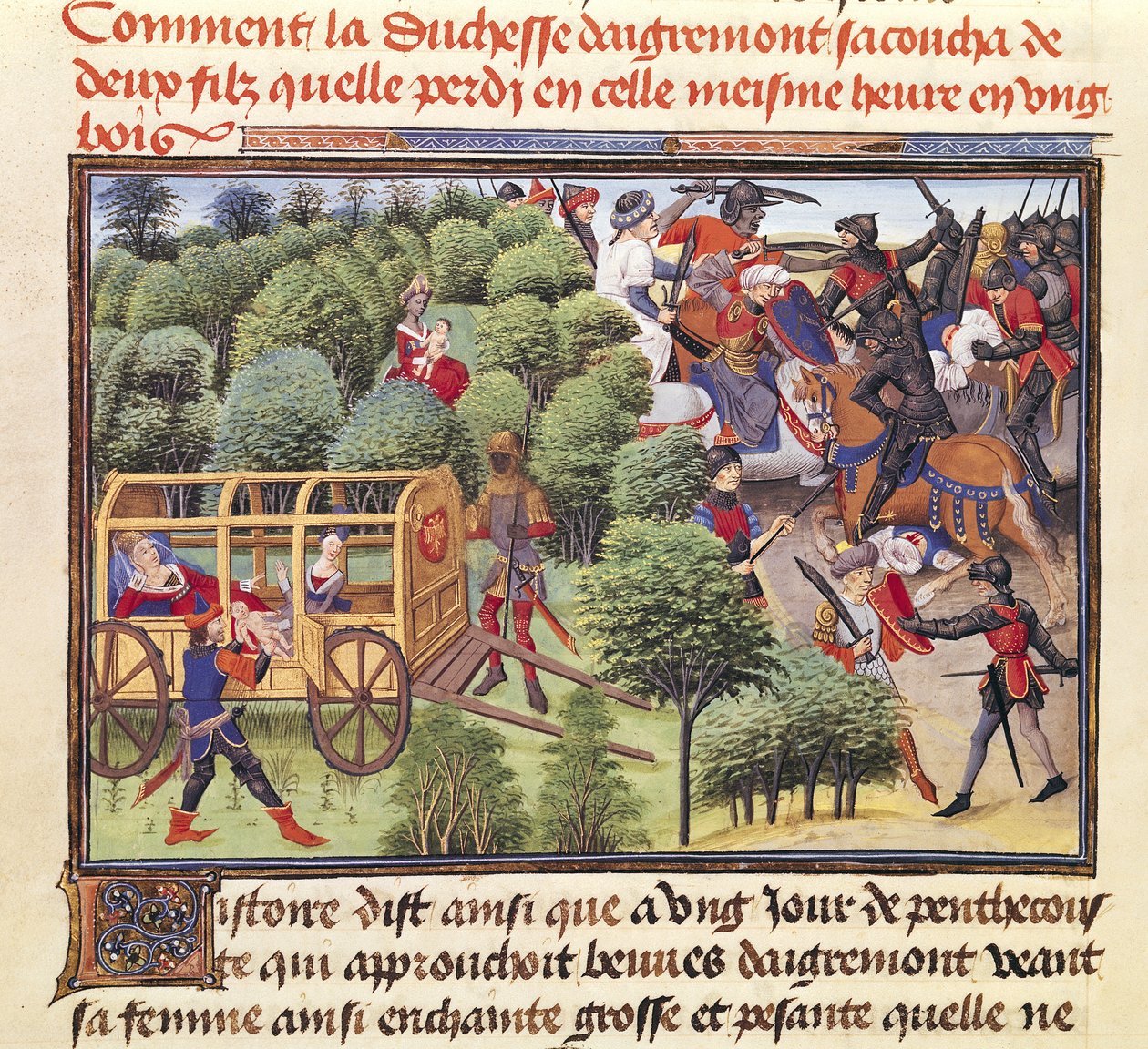 Ms 5072 f.6v Jak vévodkyně z Aigremontu porodila dva syny a ztratila je ve stejnou hodinu v lese, z cyklu Renaud de Montauban od Loyset Liedet