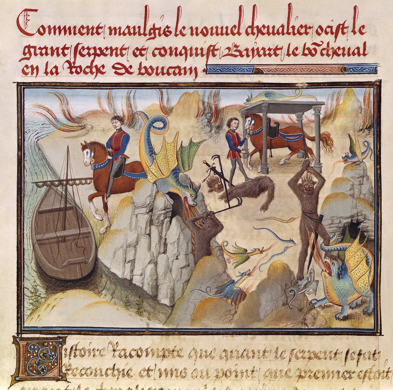 Ms 5072 fol.37v Maugis Boj s hadem a získání kouzelného koně, Bayard, z cyklu Renaud de Montauban od Loyset Liedet