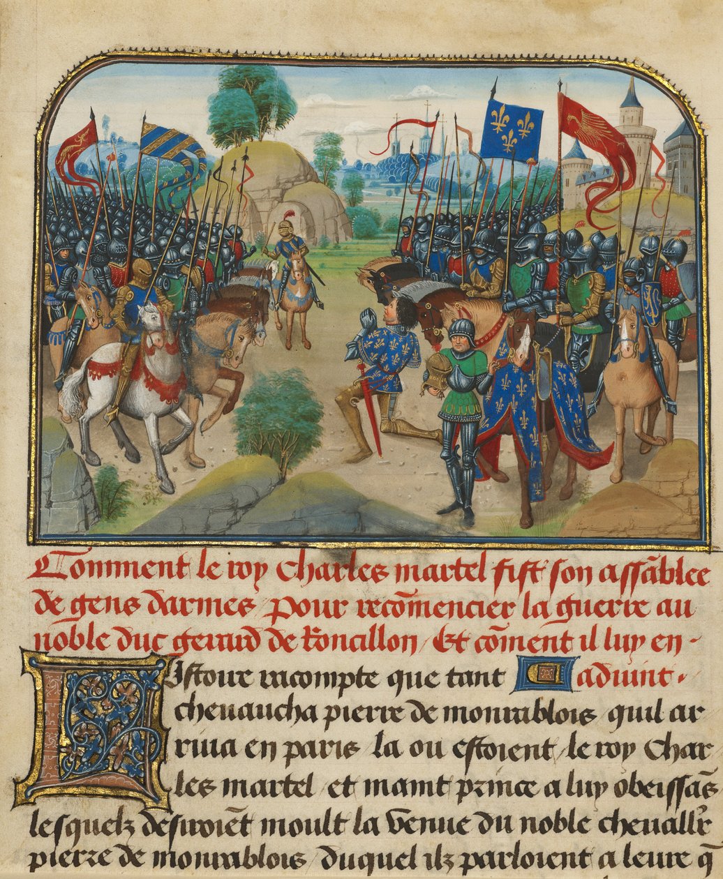 Francouzská a burgundská armáda s Martelem v modlitbě od Loyset Liedet