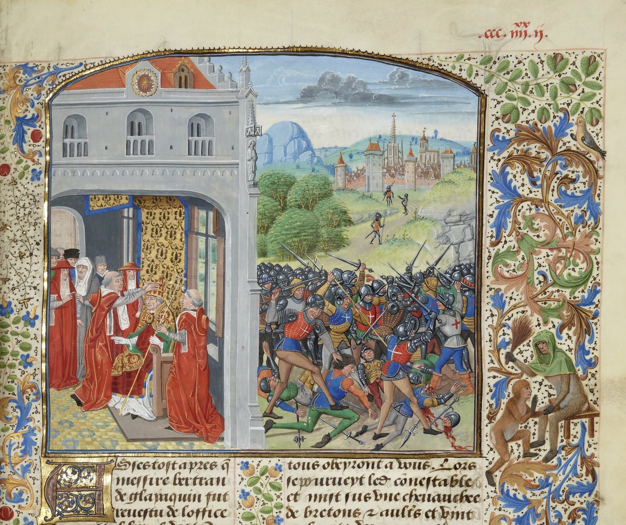 Korunování papeže Řehoře XI a bitva u Pontvallainu, 1370, cca 1470-1475. od Loyset Liedet