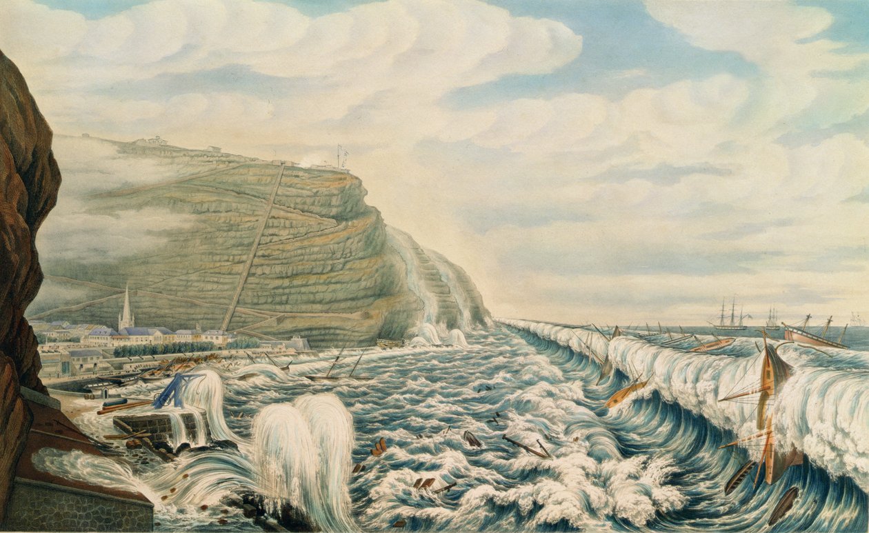 Pohled na Jamestown a přístav, Svatá Helena, vyryl T. Picken, asi 1846 (rytina) od Lt. F.R. Stack