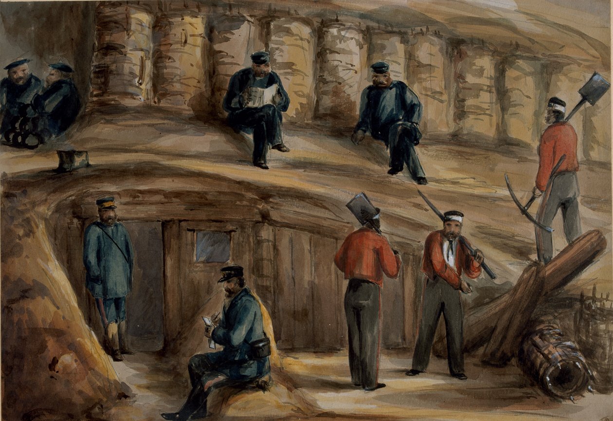 Dělostřelci Královského dělostřeleckého pluku odpočívají v zákopech u Sevastopolu, asi 1855 od Lt. Henry James Alderson