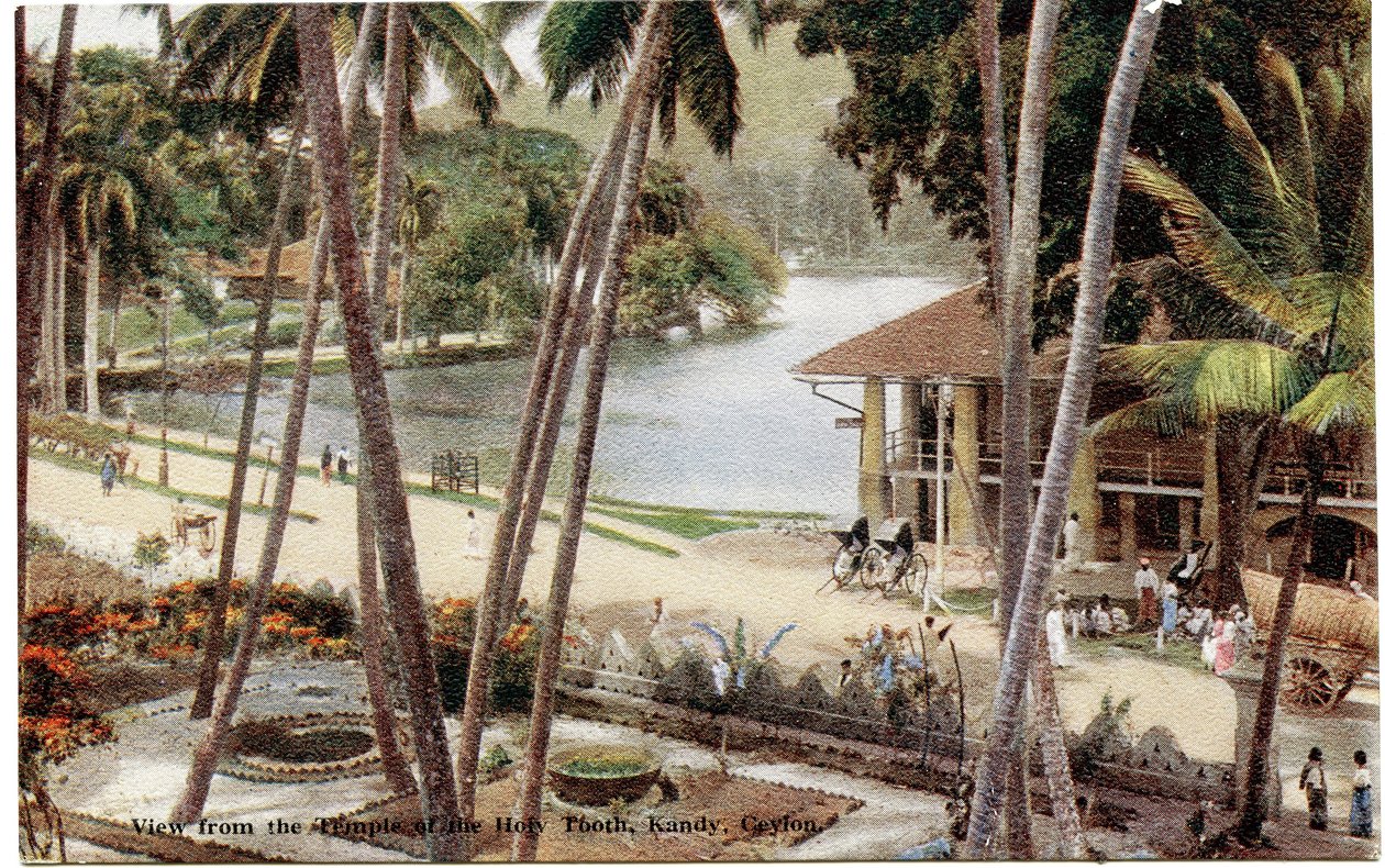 Pohled z chrámu Svatého zubu, Kandy, Cejlon, cca 1900-20 (ručně kolorovaná fotografie) od Ltd. Ceylon Plâté