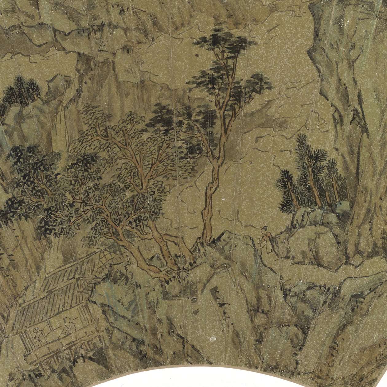 Detail krajiny s jezerem, horami a postavami v letním domě, asi 1540 tuš a barvy na zlatém papíře od Lu Zhi