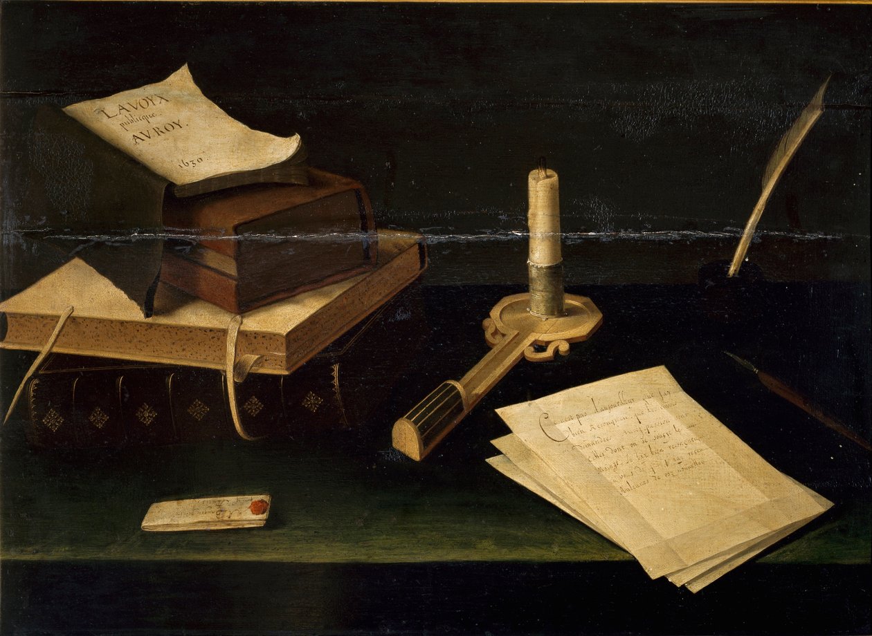 Zátiší z knih, malba per, dopisů a svíček od Lubina Baugina (1610-1663) Řím 17. století Galleria Spada od Lubin Baugin