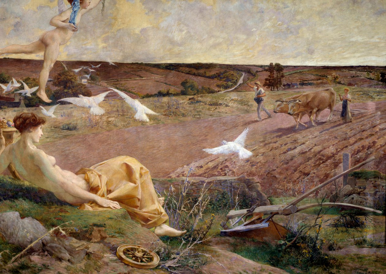 Fortune alegorické znázornění hojnosti a plodnosti. Rolník orající jeho pole v pozadí. Detail. Malba maroufle na omítce od Luca Oliviera Mersona (1846-1920) 1901 Ne. 2,22x2,9 m Paříž, musee d