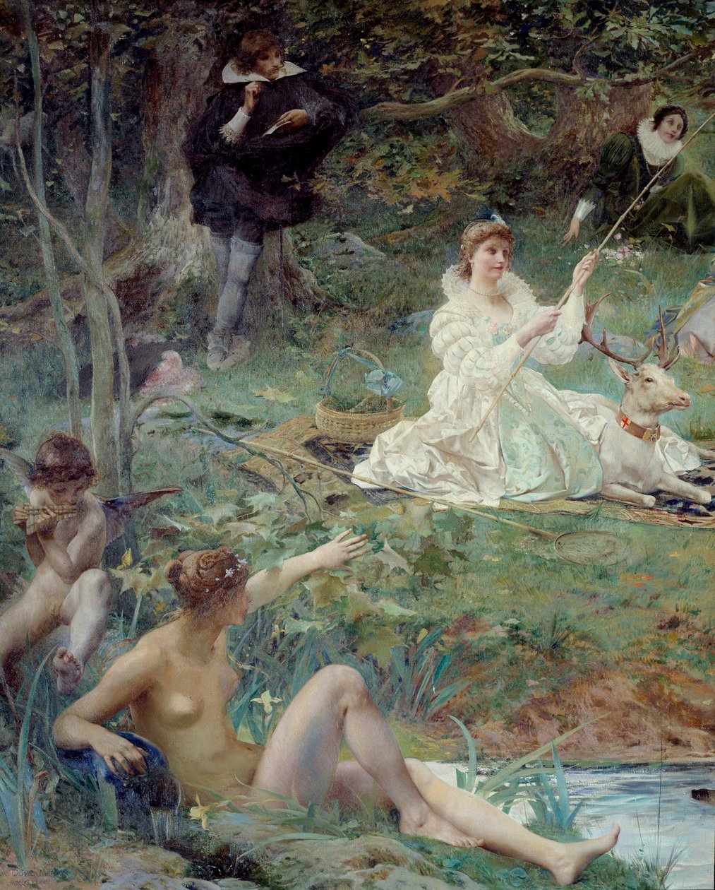 Marie F. des Ursins, vévodkyně z Montmorency a básník Theophile de Viau v Chantilly v pavilonu Sylvie Detail. Obraz Luc Olivier Merson (1846-1920) 1895 Ne. 1,88 X 2,10 m Chantilly, Musee Conde od Luc Oliver Merson
