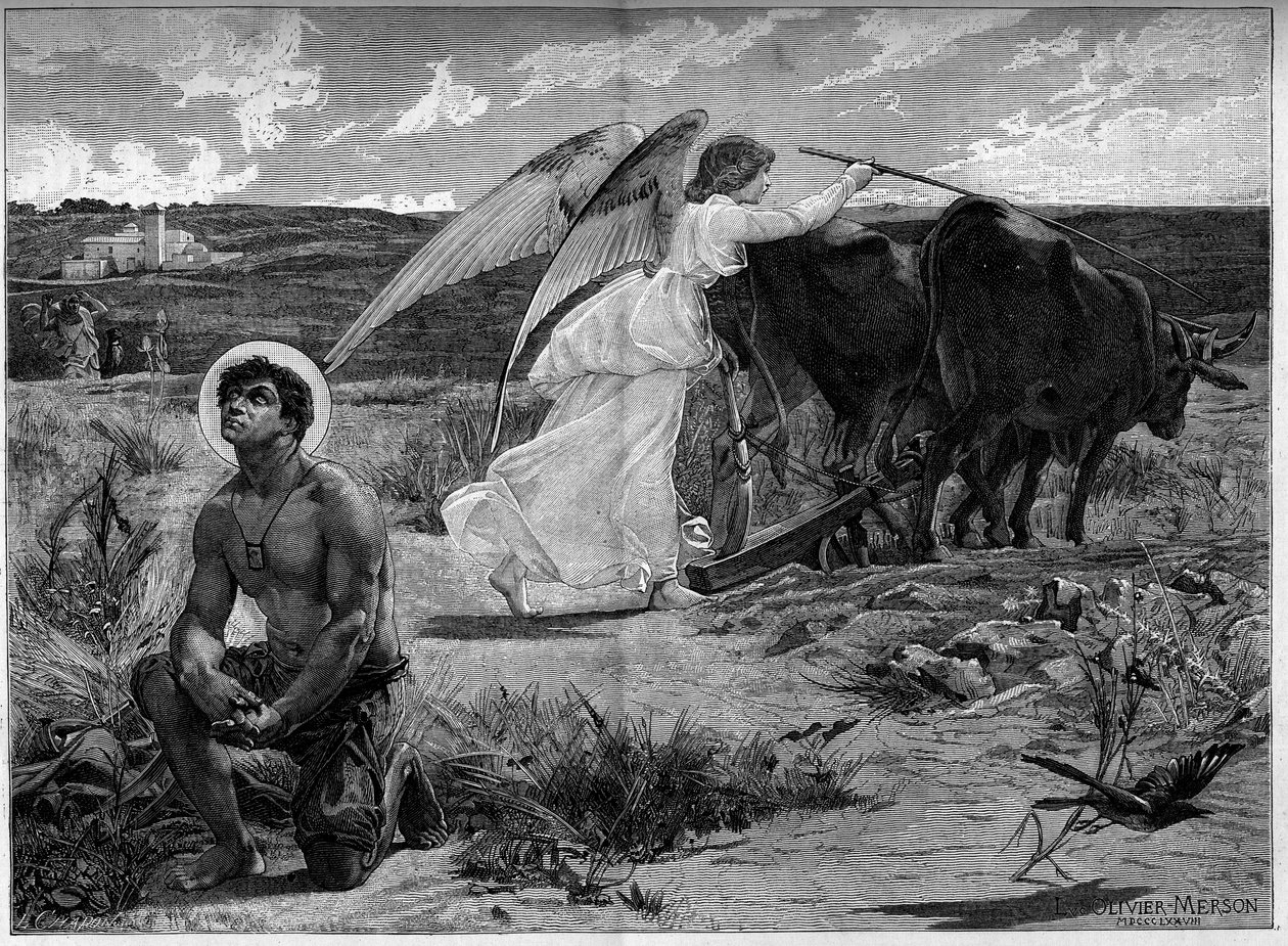 Svatý Isidor, patron oráčů. Anděl pomáhá svatému Isidorovi orat pole pluhem. 19. století. Rytina podle obrazu Luca Oliviera Mersona (1846-1920). V „The Illustrous World““ č. 1294 z 21. ledna od Luc Oliver Merson