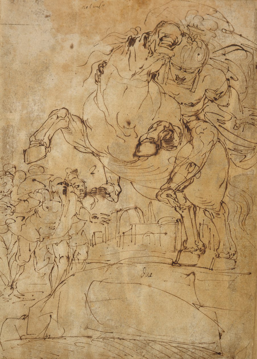 Marcus Curtius skočí do Propasti, kolem roku 1574 (pero a hnědý inkoust na papíře) od Luca Cambiaso