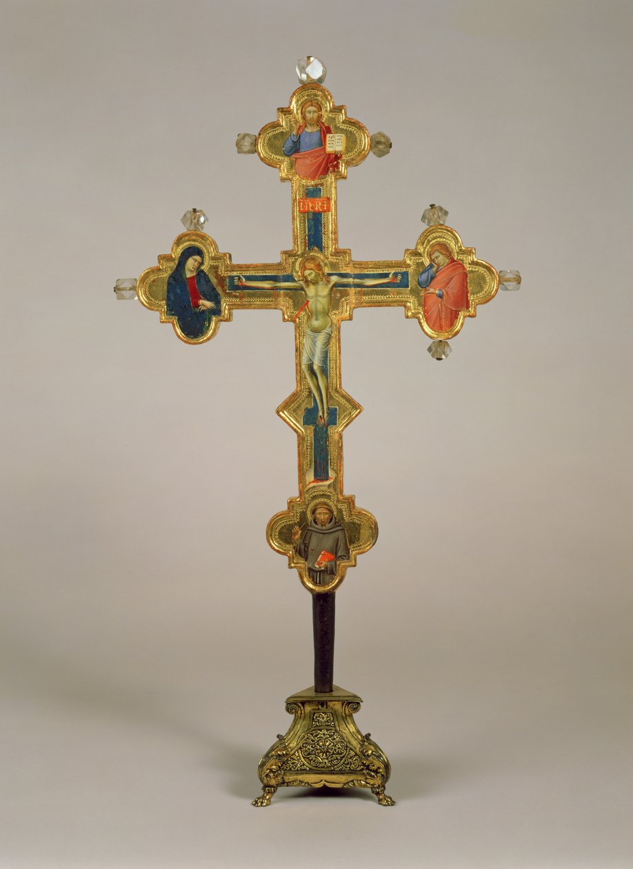 Přenosný kříž, zdobený výjevy Ukřižovaného Krista s Pannou, sv. Jana Evangelisty a sv. Františka (avers) (tempera, stříbro a zlato na dřevě s křišťálem) (pro rub od Luca di Tommè