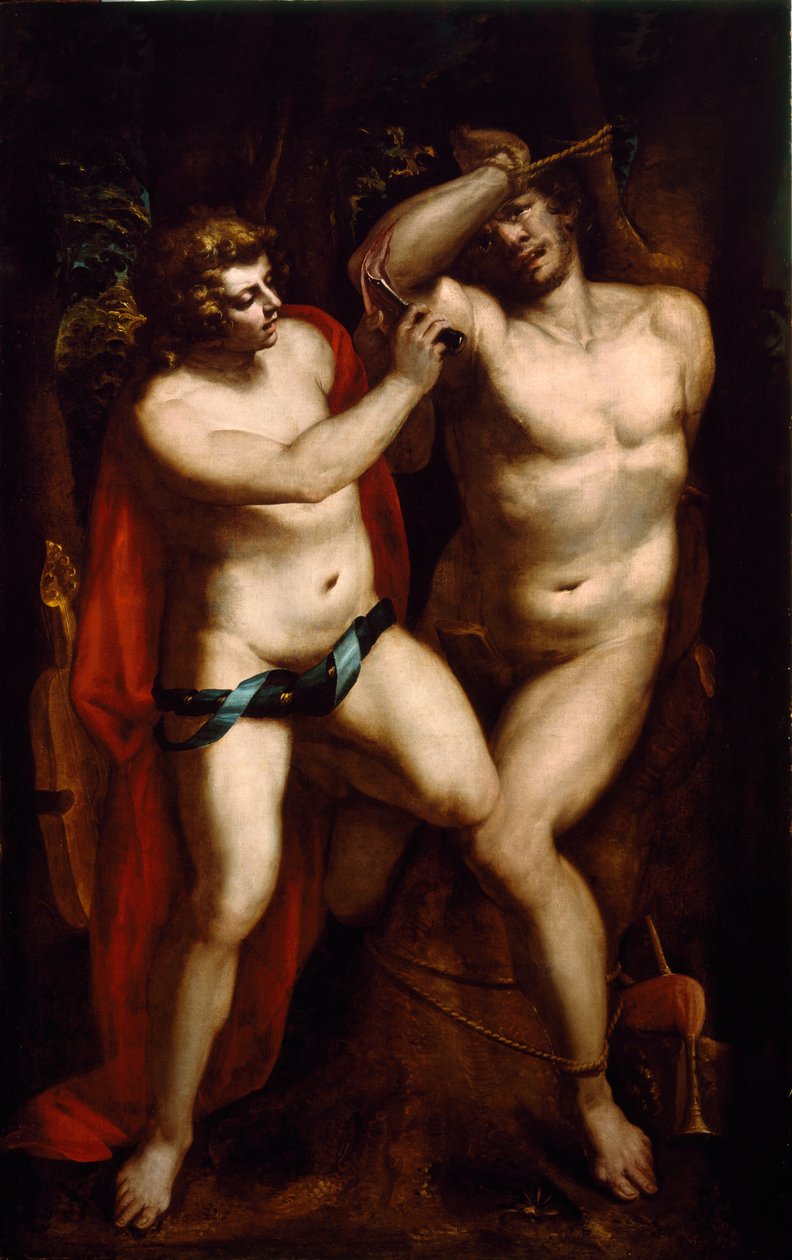Apollo a Marsyas Satyr je potrestán za to, že se vzepřel Apollónovi lyře, a je jí zakázán. Obraz Luca Cambiaso (nebo Cambiasi, Cangiagio) dit Lucchetto da Genova) (1527-1585) Soukromá sbírka 16. století od Luca Cambiaso