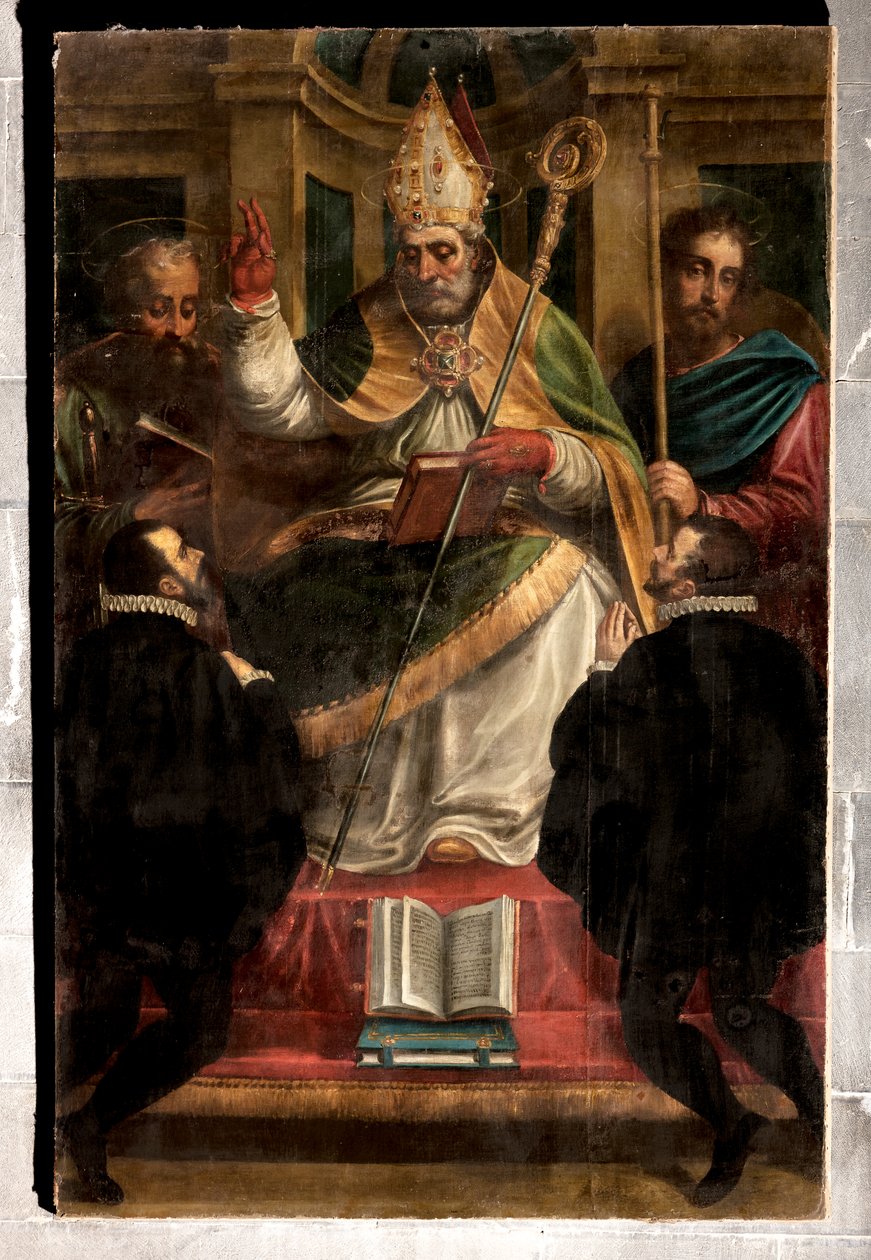 Janov, Duomo (katedrála svatého Vavřince): „St Gotthard mezi svatým Pavlem a svatým Jakubem a dvěma klečícími oddanými“ (1571), Luca Cambiaso (s přemalbami Carla Giuseppe Rattiho) od Luca Cambiaso