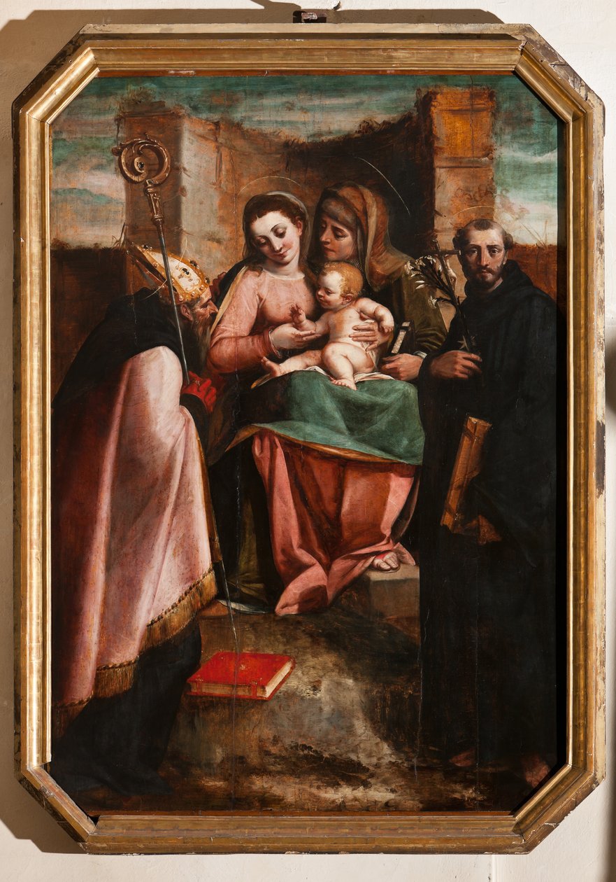Janov, Duomo (katedrála svatého Vavřince), uvnitř, Baptisterium (dříve kostel svatého Jana Starého): "Madona s dítětem mezi svatou Annou, svatým Mikulášem z Bari a svatým Mikulášem z Tolentina", Luca Cambiaso od Luca Cambiaso