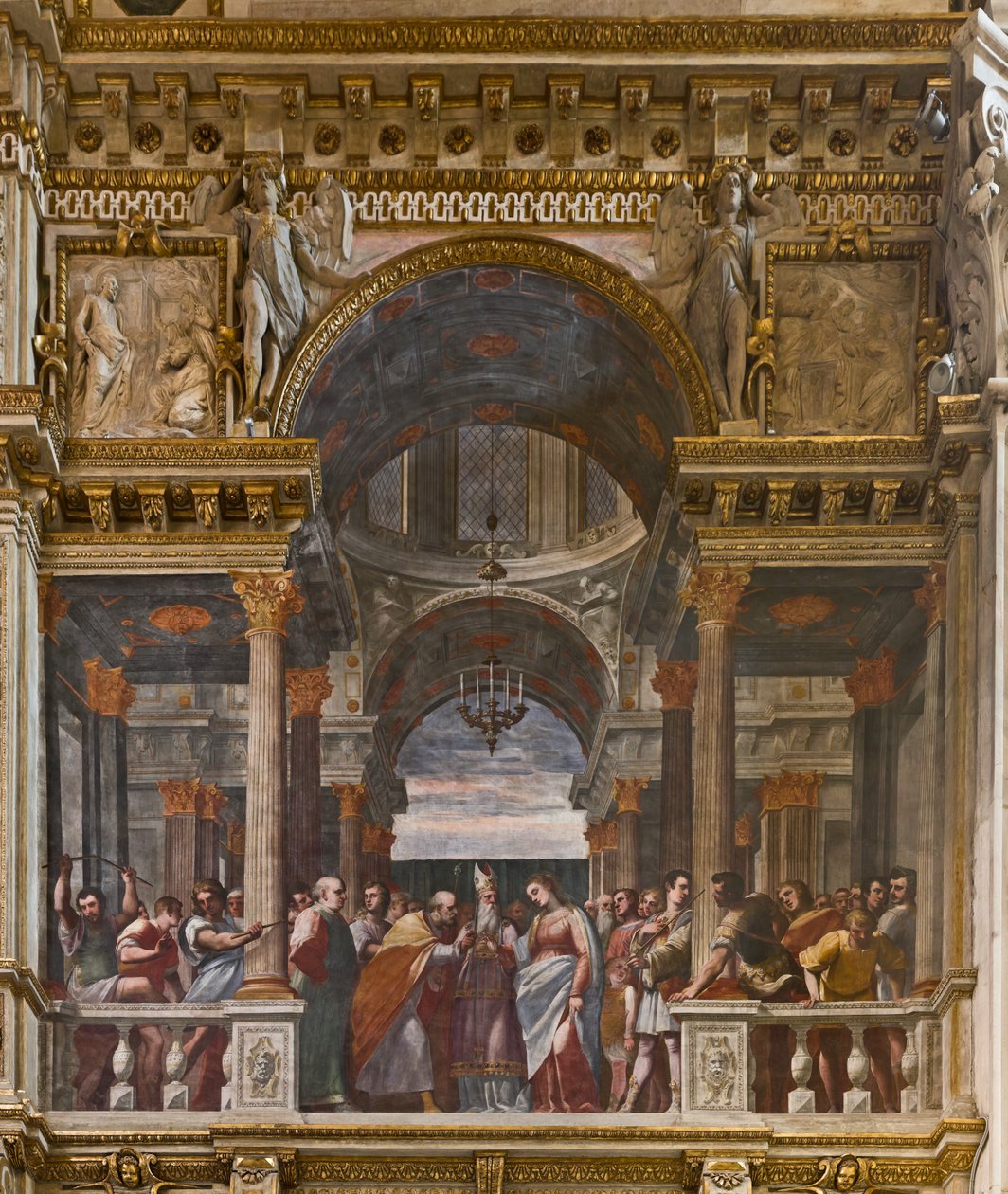 Janov, Duomo (katedrála svatého Vavřince), uvnitř, kaple Lercari nebo kaple Nejsvětější svátosti (severní apsida), jižní strana: „Zasnoubení Panny“, freska Luca Cambiaso od Luca Cambiaso