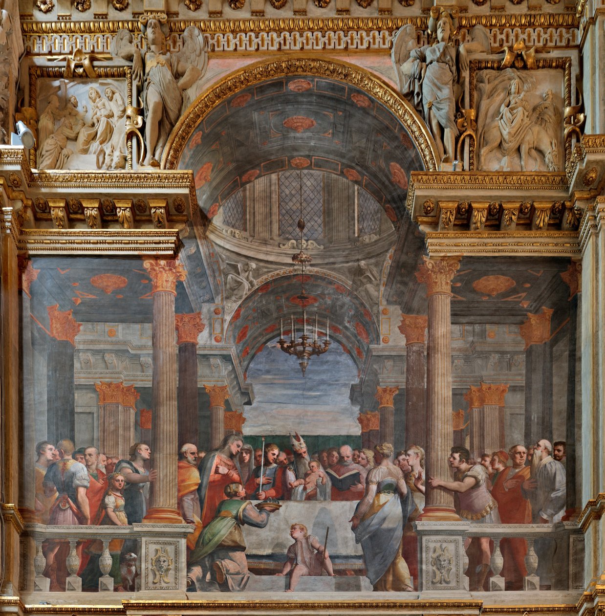 Janov, Duomo (katedrála svatého Vavřince), uvnitř, kaple Lercari nebo kaple Nejsvětější svátosti (severní apsida), severní strana: "Představení v chrámu", freska Luca Cambiaso od Luca Cambiaso