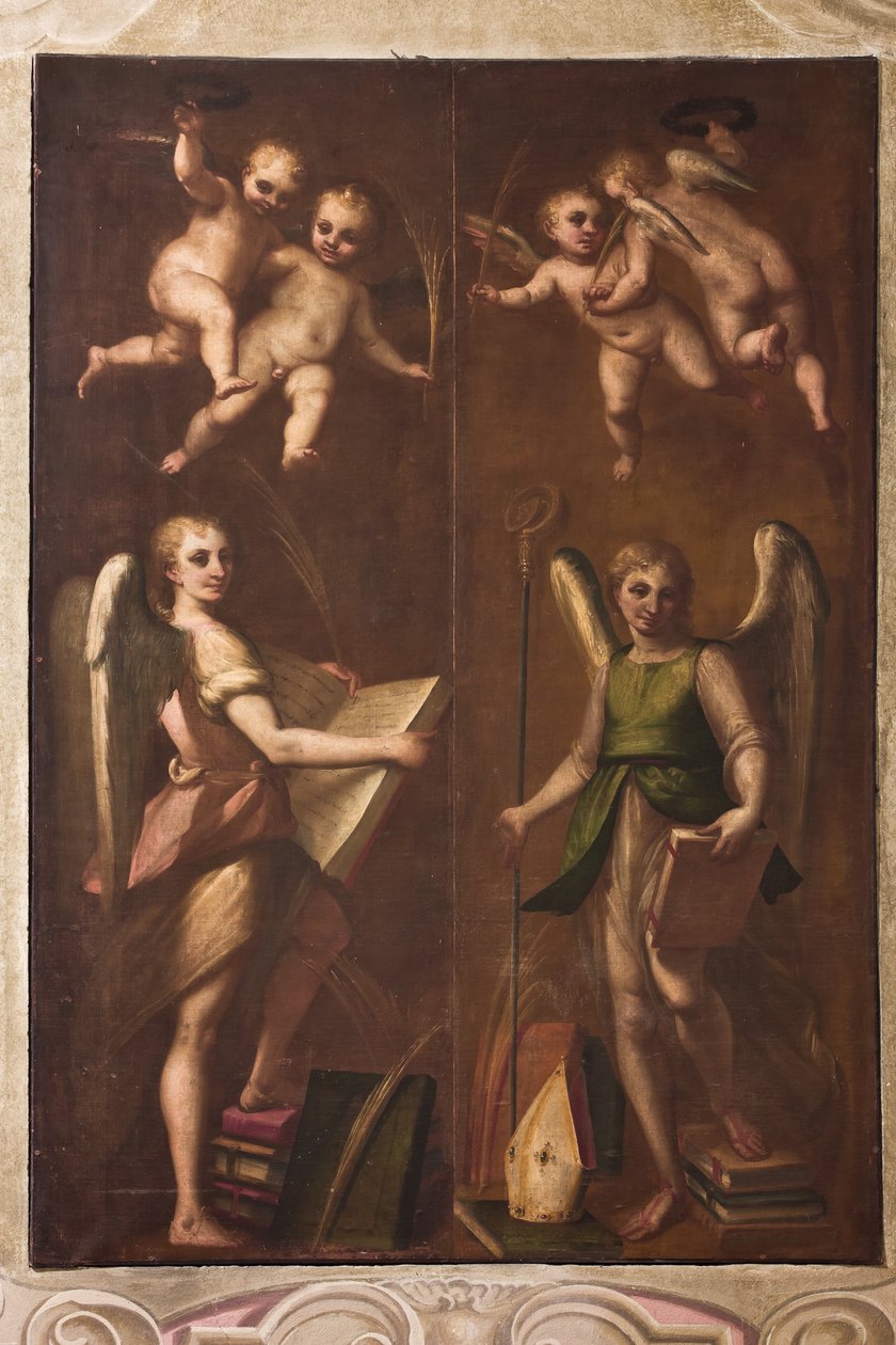 Janov, Duomo (katedrála svatého Vavřince), sakristie, kaple: "Andělé s biskupskými insigniemi, knihami a palmovými ratolestmi", Luca Cambiaso, asi 1580 od Luca Cambiaso
