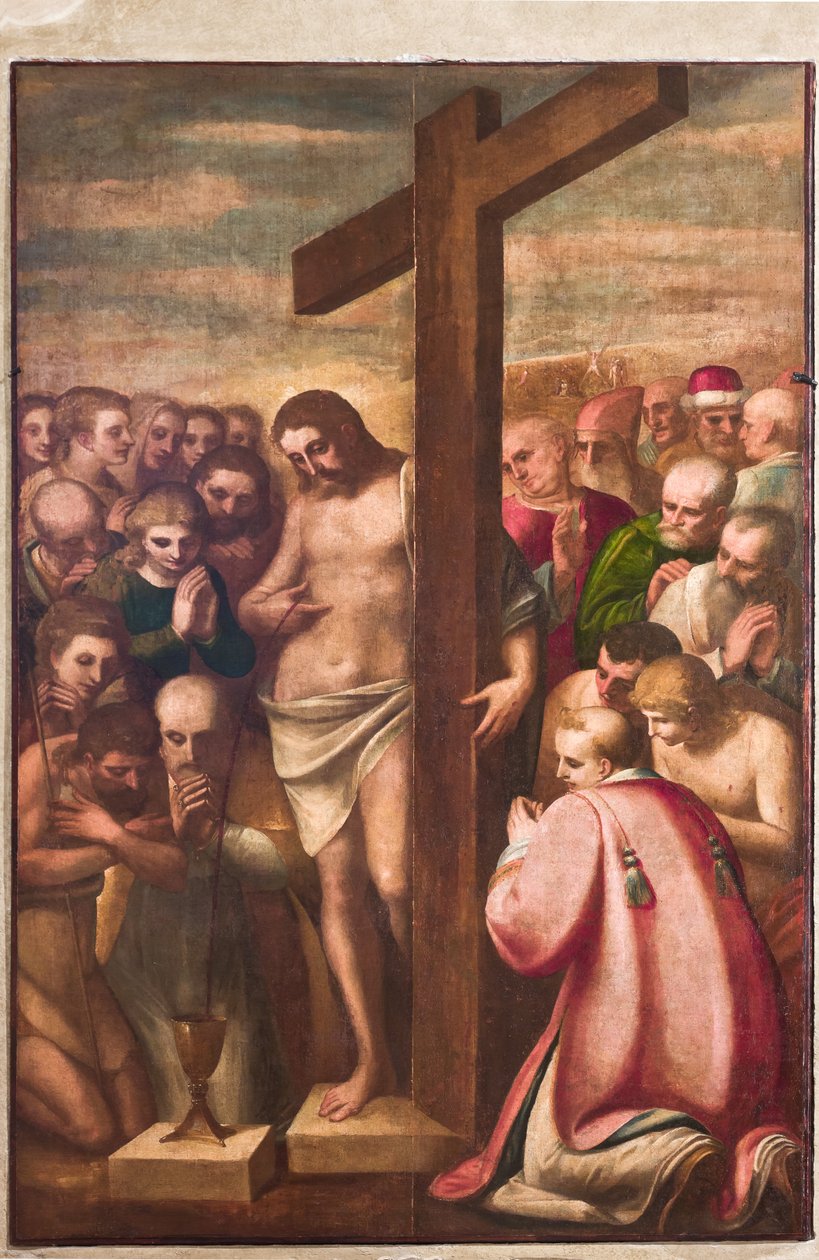 Janov, Duomo (katedrála svatého Vavřince), sakristie, kaple: „Eucharistický Kristus uctívaný svatými“, od Luca Cambiaso, asi 1580 od Luca Cambiaso