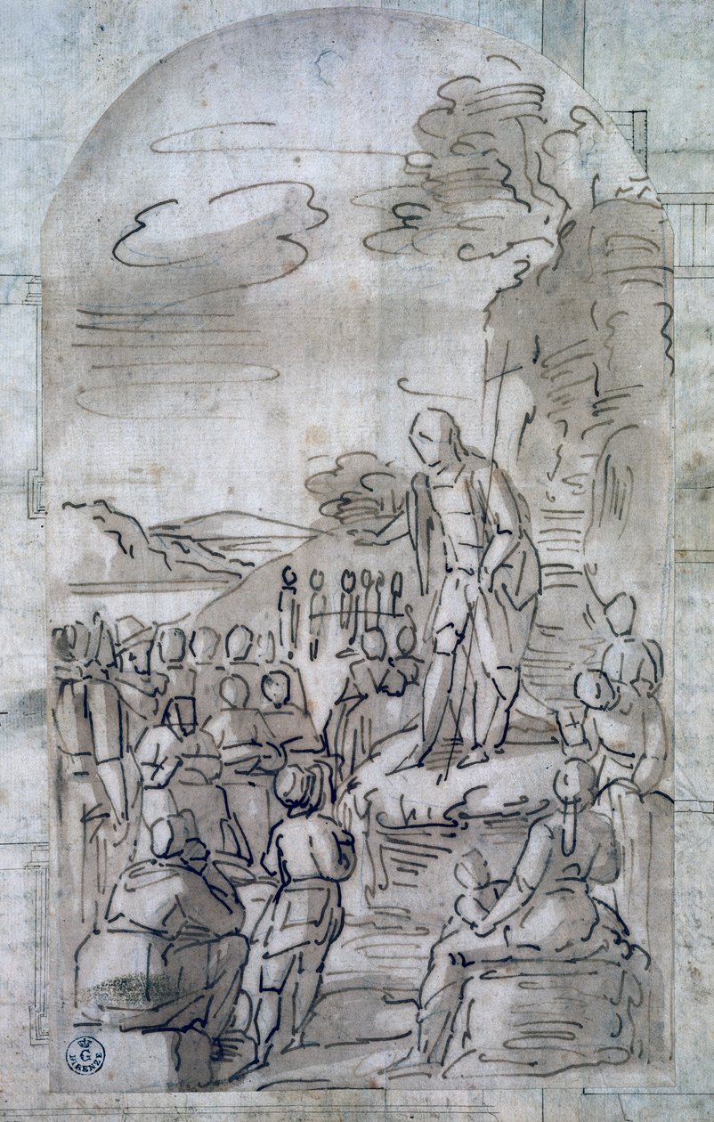 Kázání svatého Jana Křtitele, Luca Cambiaso (1527-1585), Kresba perem a kvašem, Itálie od Luca Cambiaso