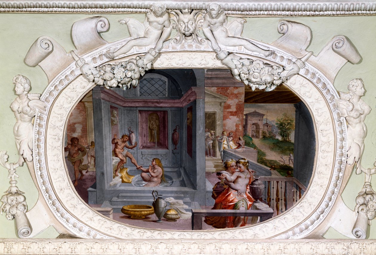 Scény koupele, svádění. Freska od Lucy Cambiaso (1527-1585) od Luca Cambiaso