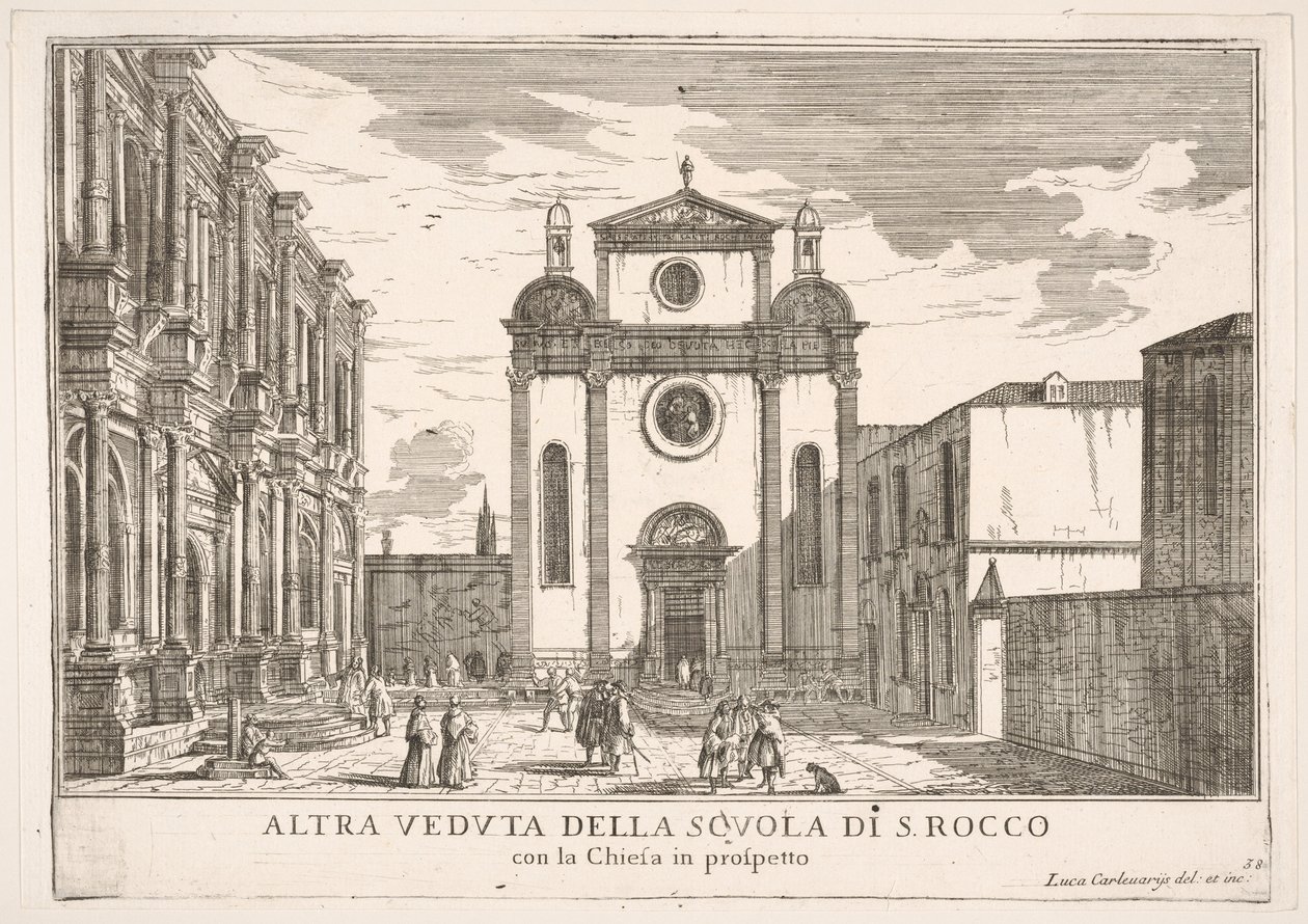 Deska 38: Pohled na průčelí kostela sv. Rocha a vlevo průčelí Schoo..., 1703. od Luca Carlevarijs