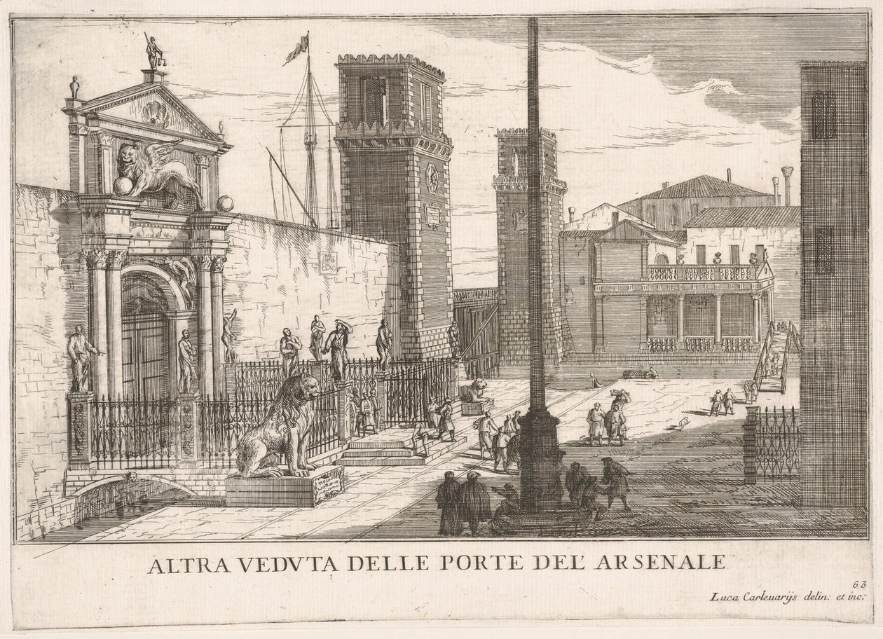 Deska 63: Pohled na bránu komplexu loděnic a zbrojnic Arsenale, Benátky, 1703, fr..., 1703. od Luca Carlevarijs