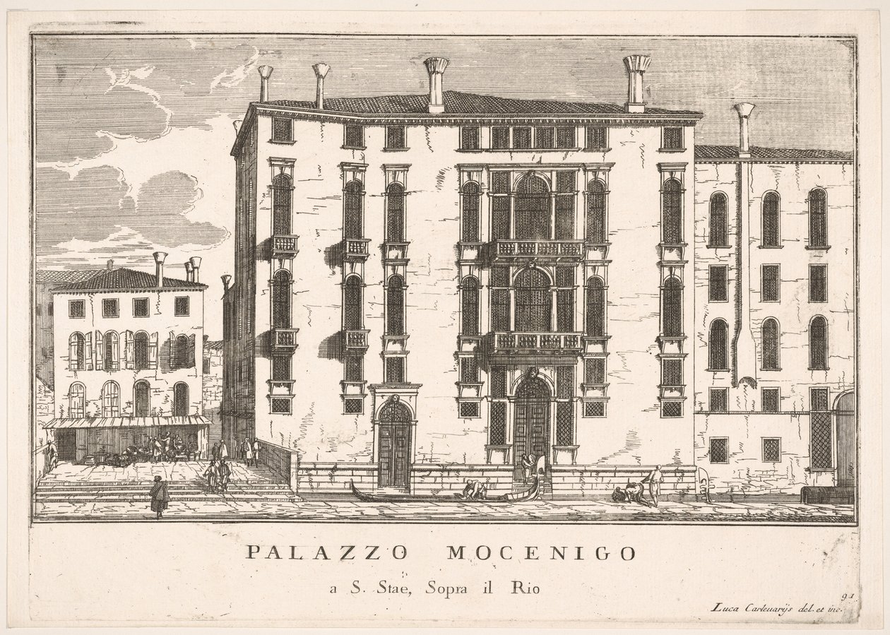Deska 91: Pohled na palác Mocenigo v Campo San Stae, Benátky, 1703, z budov..., 1703. od Luca Carlevarijs