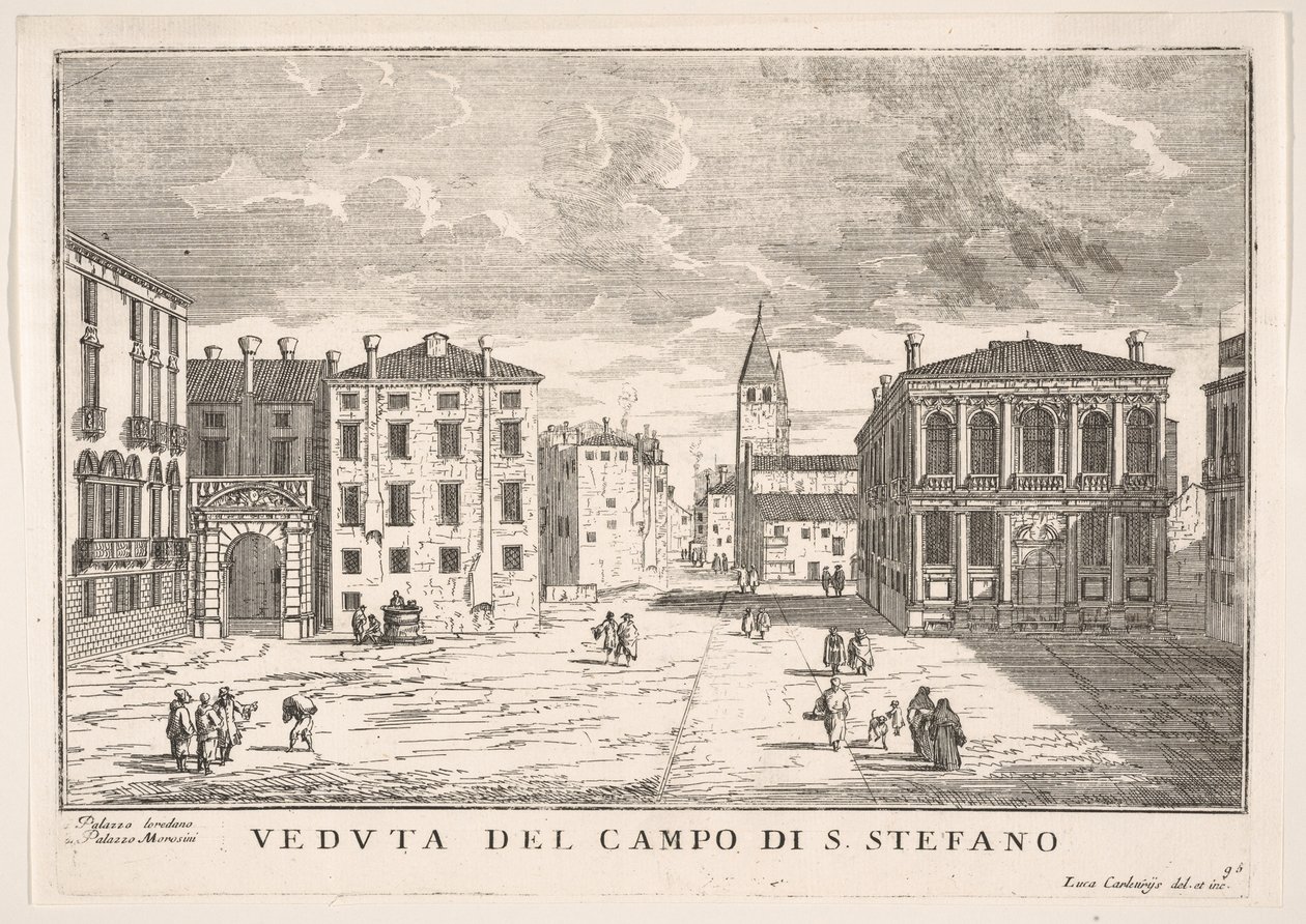 Deska 95: Pohled na Campo Santo Stefano s palácem Loredan a palácem Morosini, Benátky..., 1703. od Luca Carlevarijs