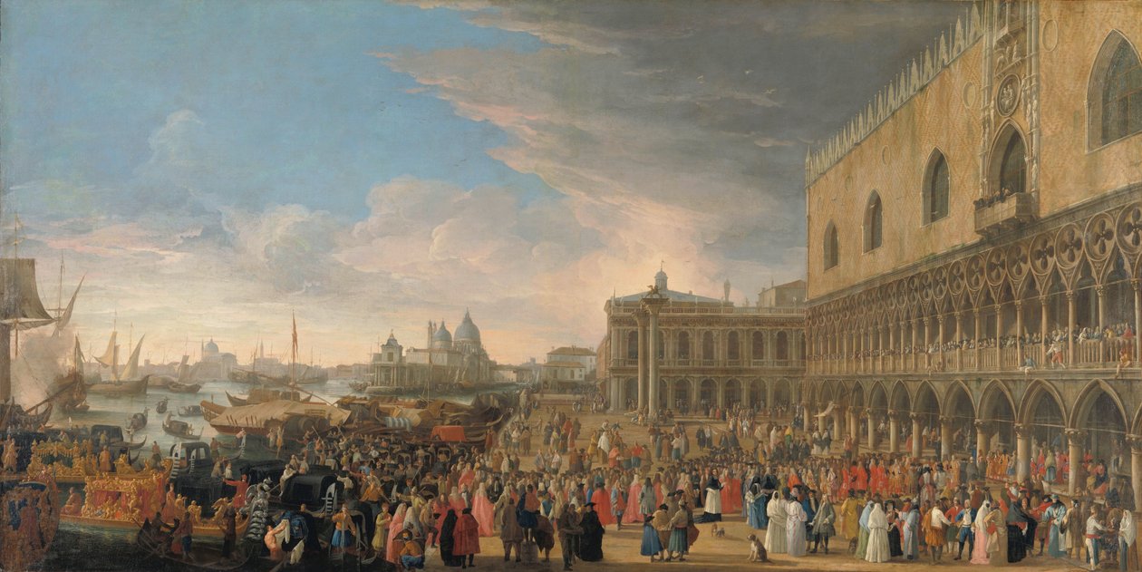 Vstup francouzského velvyslance do Benátek v roce 1706 Slavnostní vjezd Henri-Charlese Arnaulda de Pomponne, známého jako Abbé de Pomponne, do Benátek jako francouzský velvyslanec 10. května 1706 od Luca Carlevarijs