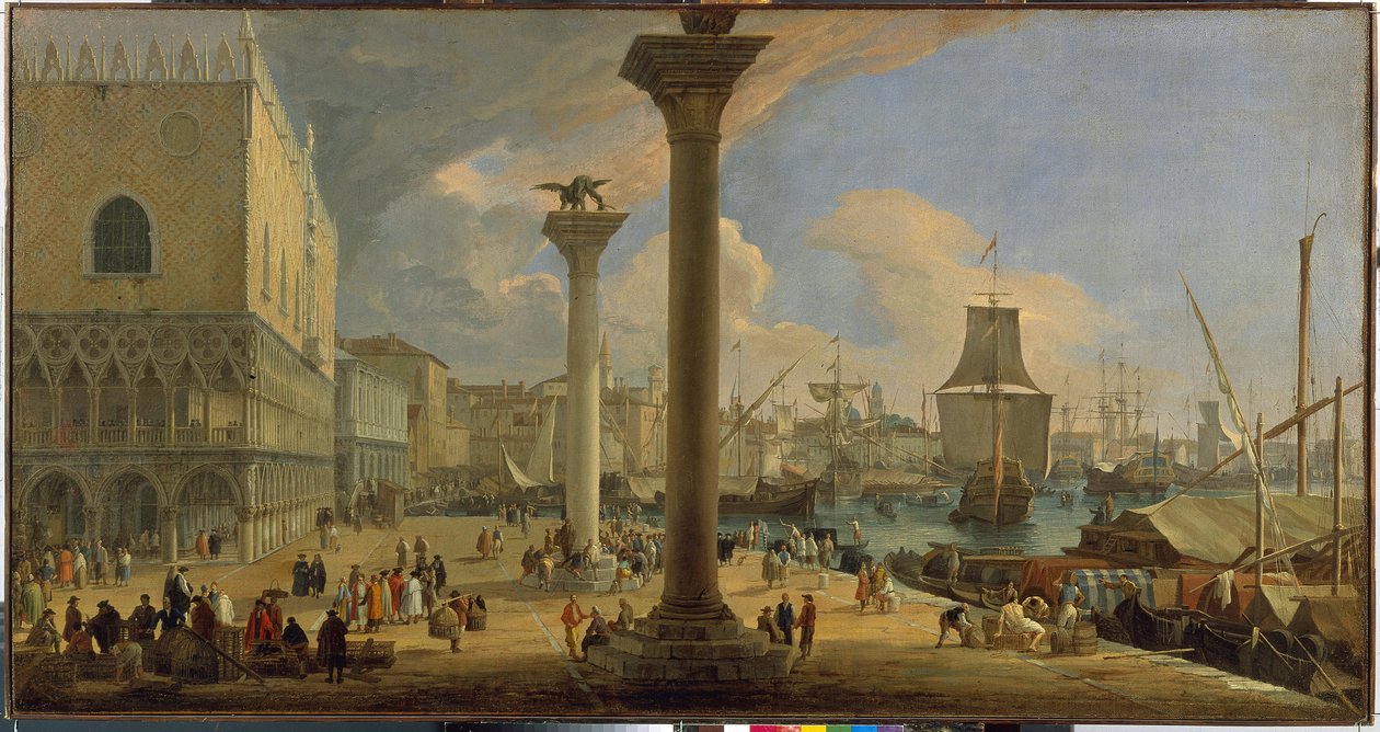 Le Molo et le palais des Doges (Venise, Italie) - Peinture de Luca Carlevaris (1663-1730), huile sur toile, vers 1710, 64x121 cm - The Molo with the Ducal Palace, Oil on canvas by Luca Carlevaris - State Hermitage, St Petersburg   1325196   cs       czech  od Luca Carlevaris