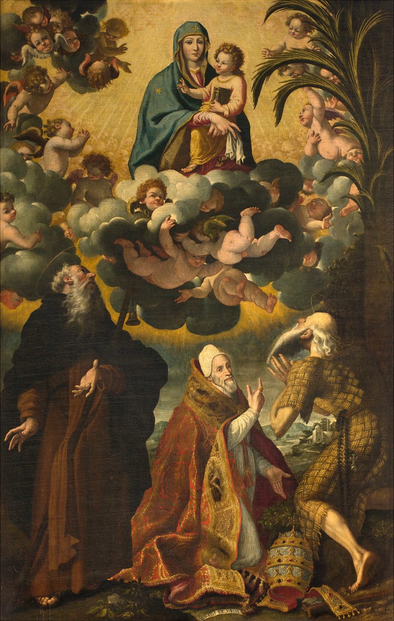 Oltář svatého Antonína, Madony s dítětem se svatými Antonínem opatem Paulem Hermitem a papežem Řehořem XIV., Lukášem Cattapanem 1593 od Luca Cattapane