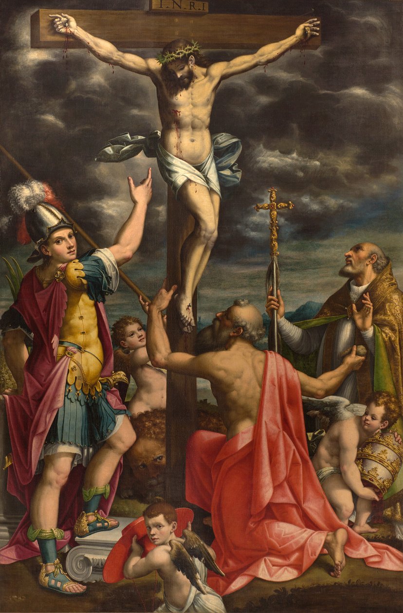 Oltář San Fermo, Ukřižování se svatými Fermo Jeronýmem a papežem Řehořem XIV., Luca Cattapane 1593 od Luca Cattapane