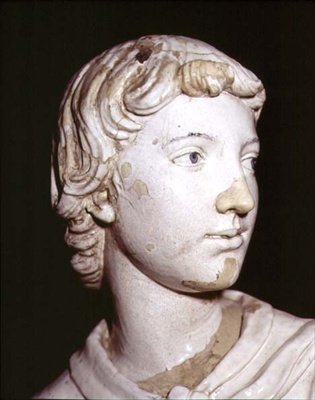 Anděl na svíčku, detail hlavy (glazovaná keramika) (detail 97636) (pár viz 97637-8) od Luca Della Robbia