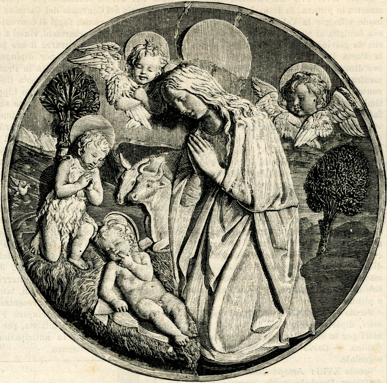 Madona v adoraci Dítěte s dítětem sv. Jana Křtitele a cherubíny, Luca della Robbia (1399/1400-1482), Prato, Toskánsko, Itálie, dřevoryt z Le cento citta d