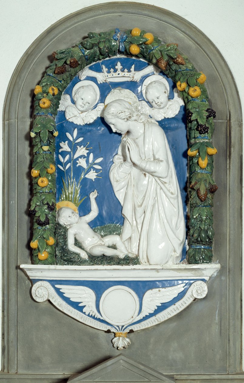 Panna uctívající dítě Vysoká úleva od Luca della Robbia (1400-1482) Svatyně Verna, Itálie z 15. století od Luca Della Robbia