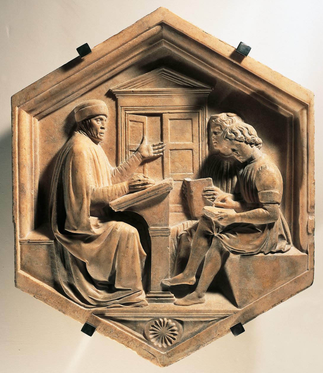 Učenec Priscian, učí dva studenty od Luca Della Robbia